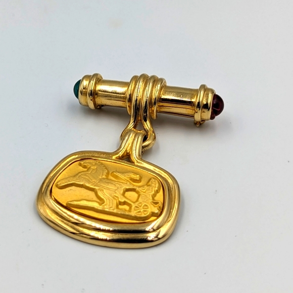 Gripoix Bar Brooch Gold Tone With Greek/Roman Style Pendant Horse Chariot Athena - Picture 6 of 11